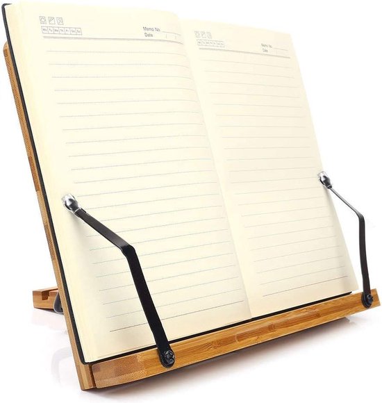 Bamboe boekenstandaard met een open notitieboek.