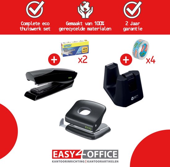 Easy4Office  thuiswerk bureauset gemaakt van 100% gerecyled materiaal: 1x nietmachine, 1x perforator, 1xplakbandhouder, 4 rollen plakband en 2 doosjes nietjes.