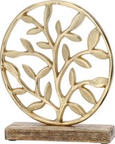 Decoratie levensboom rond van aluminium op houten voet 25 cm goud - Tree of life