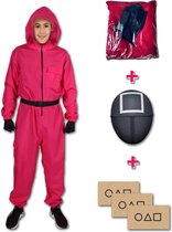 Octopus Game kinderpak met Masker Vierkant | Maat 140 | Octopus Game Jumpsuit Bewaker Kostuum met Masker | Jumpsuit met Masker, Riem, Handschoenen en Gratis Cards