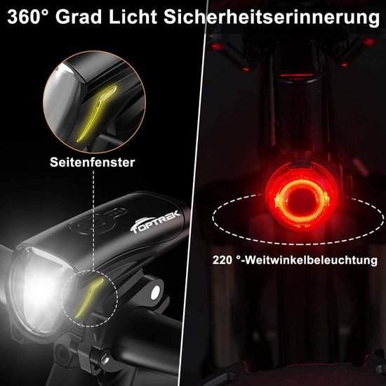 TopTrek Fietsverlichtingsset 70/30 lux - LED-lichtstanden - IPX5 waterdicht - USB oplaadbaar - Inclusief voor- en achterlicht — afbeelding 3
