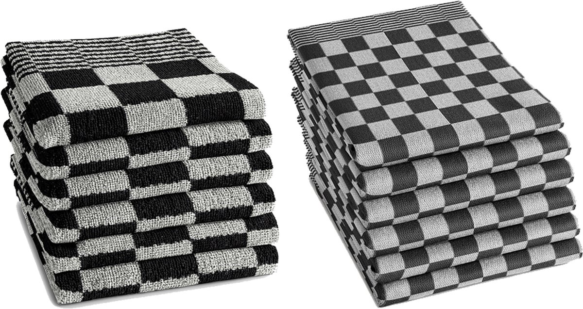 DDDDD Keukenset Zwart - 6x keukendoek 55x50 cm + 6x theedoek 65x65 cm - Barbeque