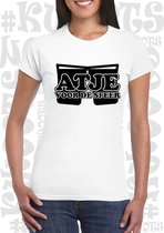 ATJE VOOR DE SFEER dames shirt - Wit - Maat XS - korte mouwen - grappige teksten - leuke shirtjes - humor - quotes - kwoots - kado - cadeau - Sfeermaker - Gezelligheid kent geen ti