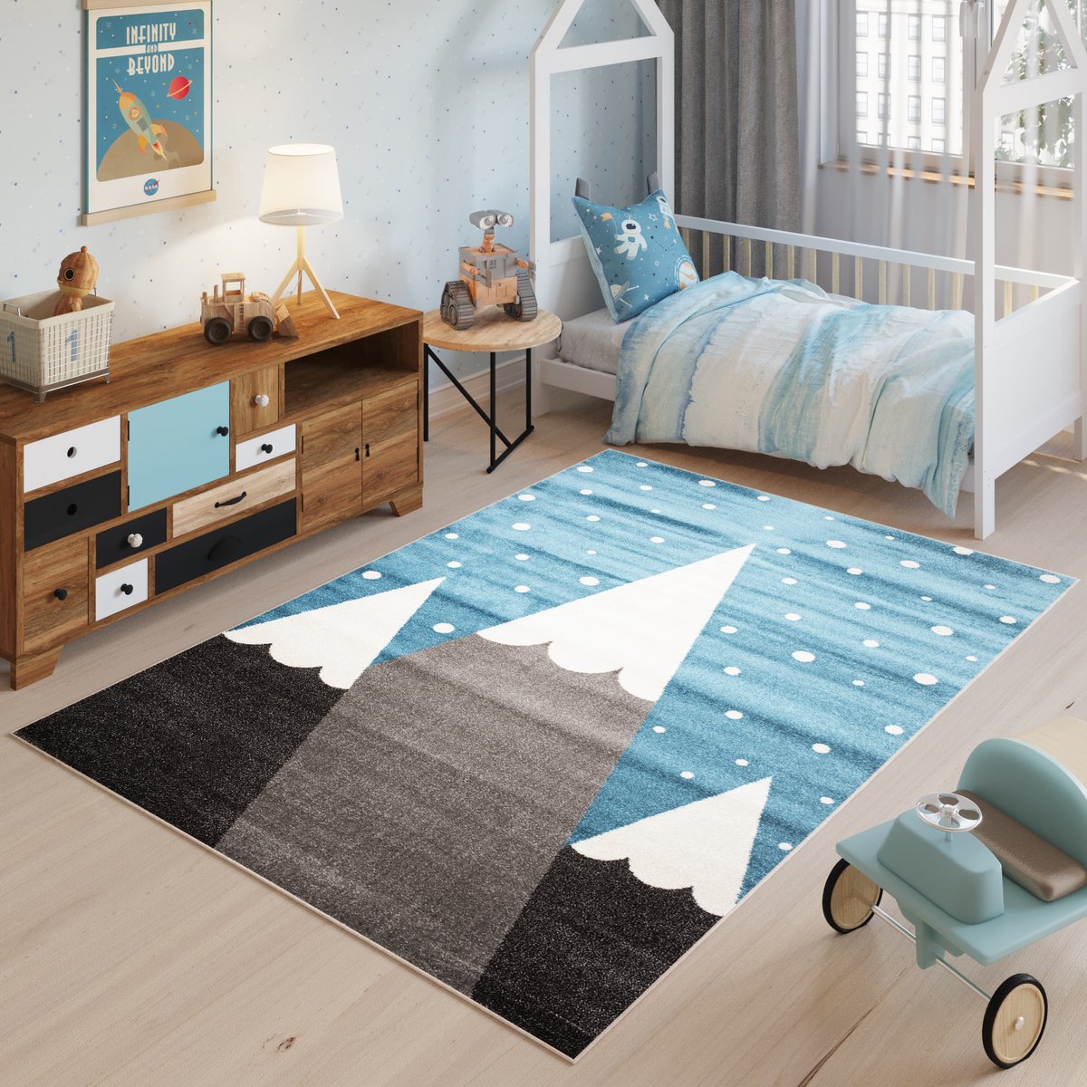 Tapiso Fiesta Vloerkleed Bergen Kinderkamer Tiener Tapijt Maat- 200x300 Grijs Blauw Wit