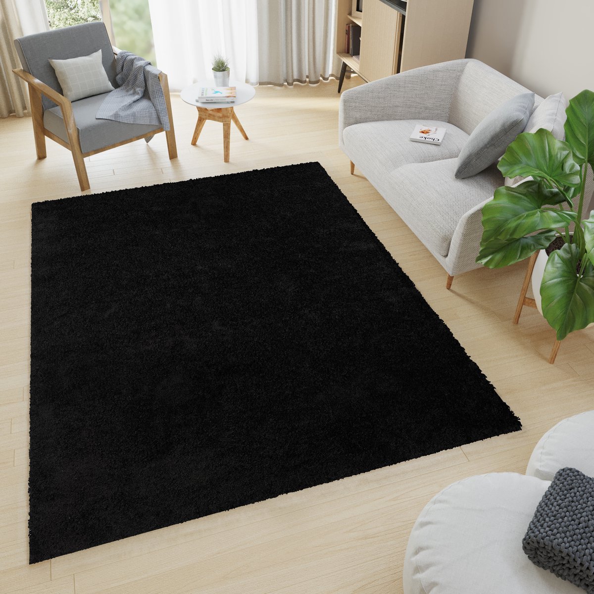 Tapiso Essence Vloerkleed Zwart Hoogpolig Shaggy Tapijt Maat- 200x300