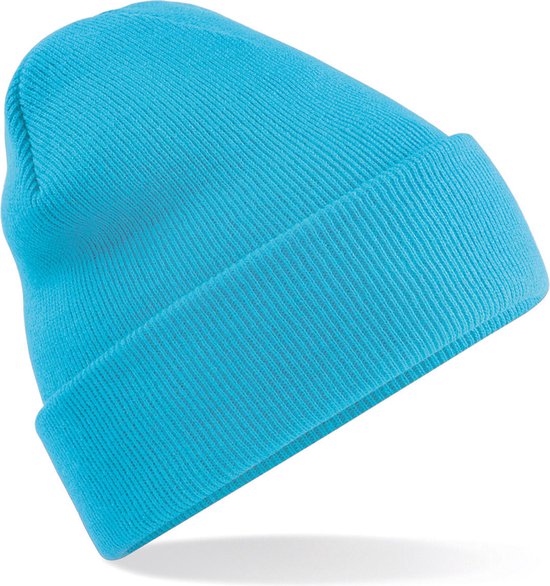 Basic dames/heren beanie wintermuts 100% soft Acryl in kleur surf blauw - Super soft - Brede omslag band