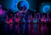 Fotobehang Skyline Neon XXL – posterbehang – Futuristische stad – 368 x 254 cm