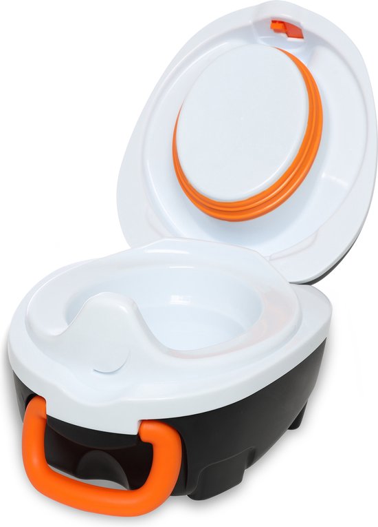 Een open porta-potje met een schattig pinguïn-gezicht en oranje handvat.