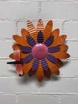 Metalen bloem wanddecoratie - Oranje + Paars + libelle - Dia 30 cm - Voor binnen en buiten - Wanddecoratie