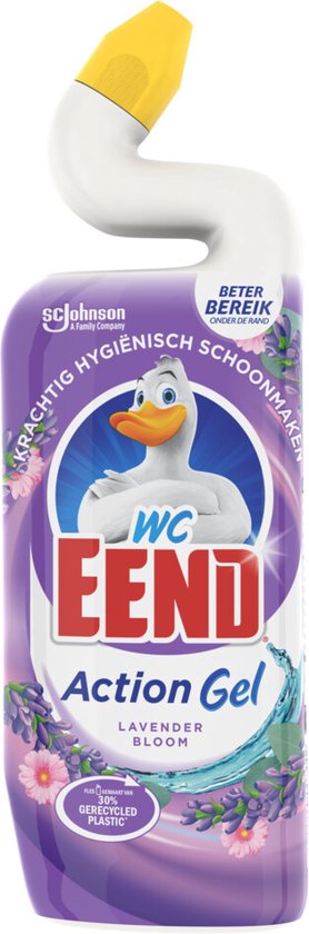 WC Eend Action Gel Lavender Bloom toiletreiniger met een witte gebogen hals en een gele dop. De fles is paars met een afbeelding van bloemen en een eend.