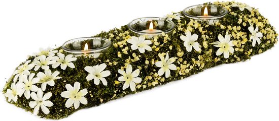 Tafelstuk met 3 theelichthoudser / waxinelichtjeshouders en bloemetjes  - Groen / wit - 41 x 13 x 7 cm hoog.