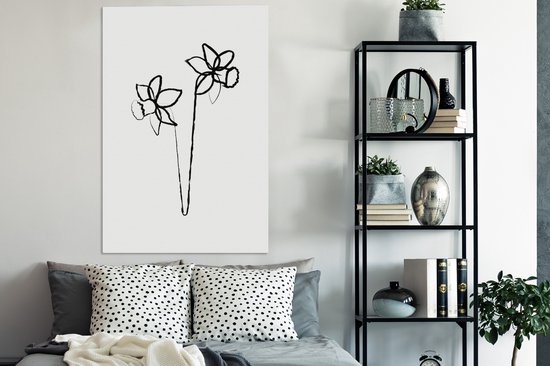 Jonquilles ligne art botanique sur fond toile 2cm 90x140 cm blanc - impression photo sur toile peinture (Décoration murale salon / chambre à coucher) / Fleurs Peintures Toile