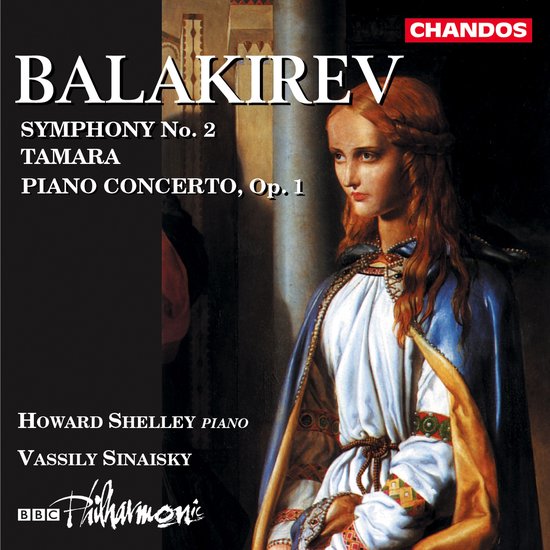 Albumhoes met BALAKIREV, SYMPHONY No. 2, TAMARA, PIANO CONCERTO, Op. 1. Een schilderij van een vrouw met rood haar in een blauw-witte jurk.