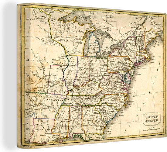 Canvas Schilderij Vintage landkaart Amerika - 40x30 cm - Wanddecoratie