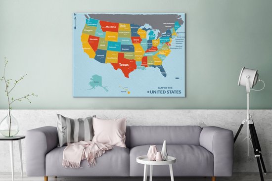 Peinture sur toile Carte de l' Amérique en couleurs - 120x90 cm - Décoration murale