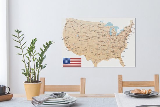 Tableau Peinture sur Toile Carte Détaillée de l' Amérique - 90x60 cm - Décoration murale