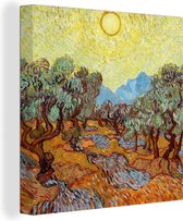 Canvas Schilderij Olijfbomen met gele hemel en zon - Schilderij van Vincent van Gogh - 20x20 cm - Wanddecoratie