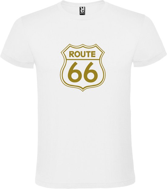 Wit t-shirt met 'Route 66' print Goud size L