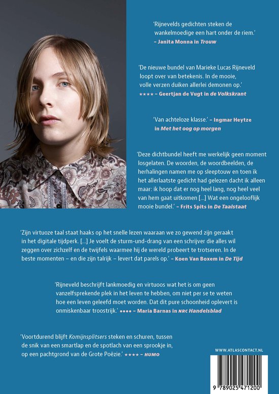 Portret van Marieke Lucas Rijneveld op de achterkant van het boek "Komijnsplitsers".