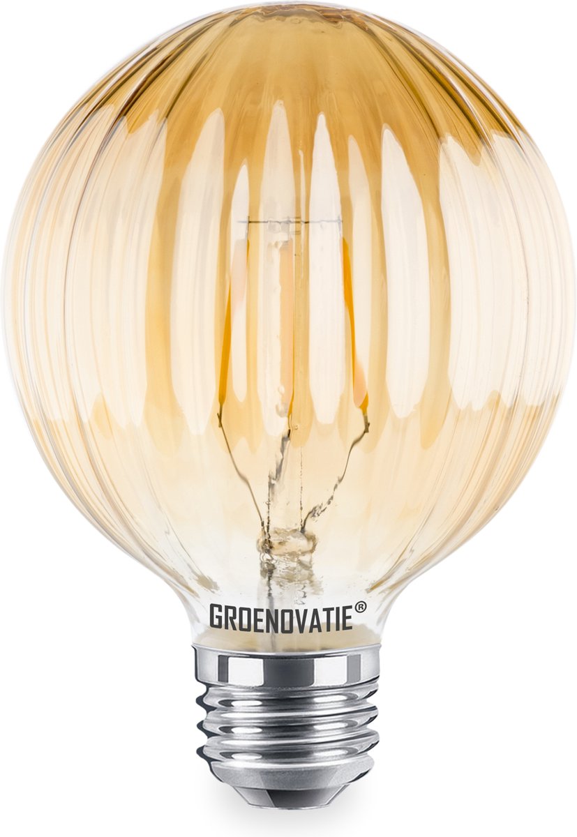Groenovatie LED Filament Geribbeld Globelamp - E27 Fitting - Goud - 4W - Extra Warm Wit - Dimbaar