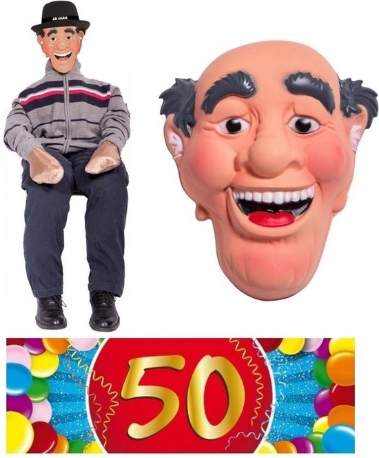 Abraham pop met masker - en gratis 50 jaar sticker - tuin set - tuinpop