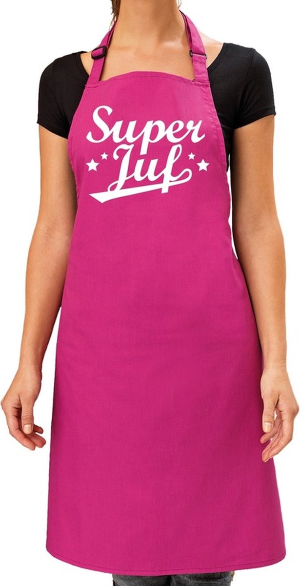 Super juf cadeau bbq/keuken schort roze voor dames - Einde schooljaar/ jufdag cadeau