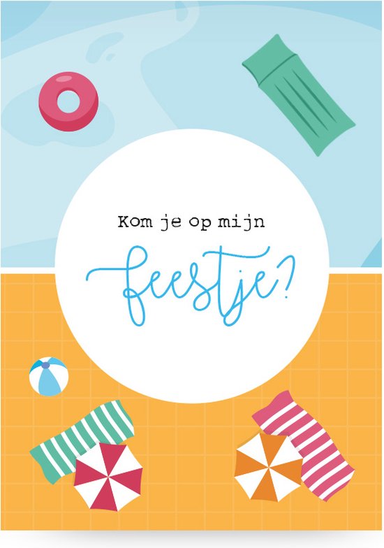 Uitnodigingskaart met zwembadthema, met tekst 'Kom je op mijn feestje?' en afbeeldingen van een zwemband, matje, parasols en strandbal.