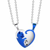 Bixorp Friends - Set van 2 Schattige Vriendschapskettingen - Blauwe en Zilveren Katjes / Poesjes - Best Friends Ketting - Zilverkleurige BFF Vriendschap Ketting voor Twee