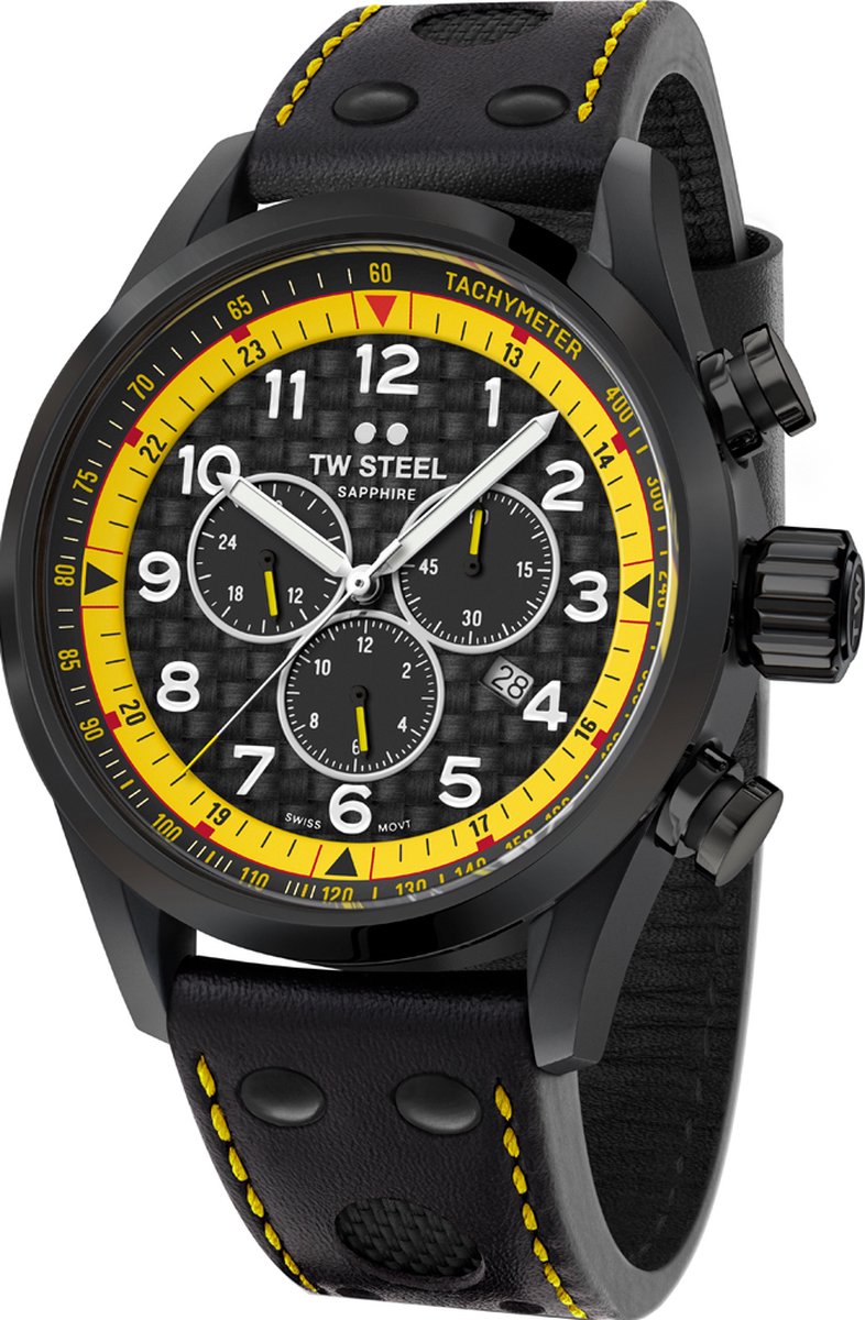 TW Steel SVS301 Horloge 48mm Volante Swiss Movement, Special edition WTCR, Chrono, Sunray Carbon wijzerplaat, Zwart lederen band, zwarte kast, sapphire glas.