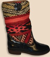 Bravas Boutique Kelim Boots FERMINA Hoog - Laarzen - 100% Echt Leder - Handgemaakt - Zwart Met Gekleurde Kelim - EU 38
