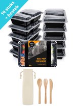 Meal Prep Bakjes Met Duurzaam Herbruikbaar Bestek - 10 Stuks - 2 Compartiment - Bestek Met Opbergtasje - Diepvriesbakjes - Lunchbox - Vershouddoos - Vershoudbakjes - Plasticbakjes Met Deksel 