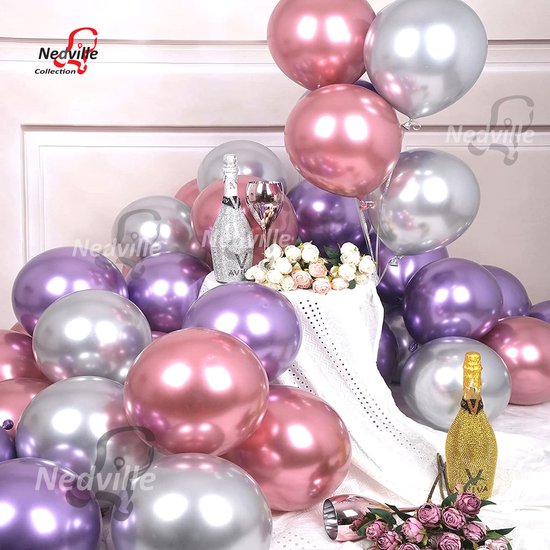 16 stuks purple haze Party ballonnen pakket - Nedville - Luxe Ballonnen, chrome zilver, chrome paars en reflex Rosagold, Helium Ballonnenset, Geboorte, Feest, Verjaardag, Party, Wedding, Gala, Valentijn
