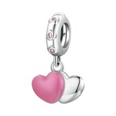Dubbel hart dangle bedel | Roze heart bead | bedels beads cadeau | Zilverana | geschikt voor alle bekende merken | 925 zilver | moederdag