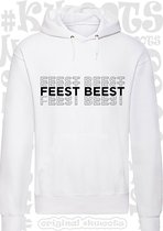 FEEST BEEST heren hoodie - Wit - Maat XL - lange mouwen - Met capuchon - leuke hoodies - grappig - humor - quotes - kwoots - party animal