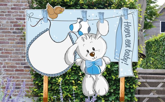 Geboortebord tuin meisje LOLA - maat L - konijntje en slabbetje aan waslijn - met of zonder gratis naamsopdruk