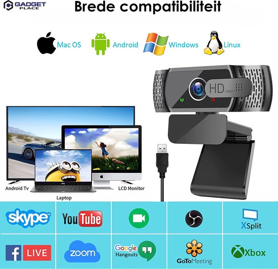 Full HD Webcam met Ruisvrije Microfoon - Incl. Tripod en Webcam Cover - 1080P - Voor Laptop en PC - Windows en Mac
