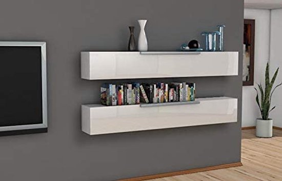 Twee glanzend witte wandplanken, een met boeken en vazen, de ander leeg.