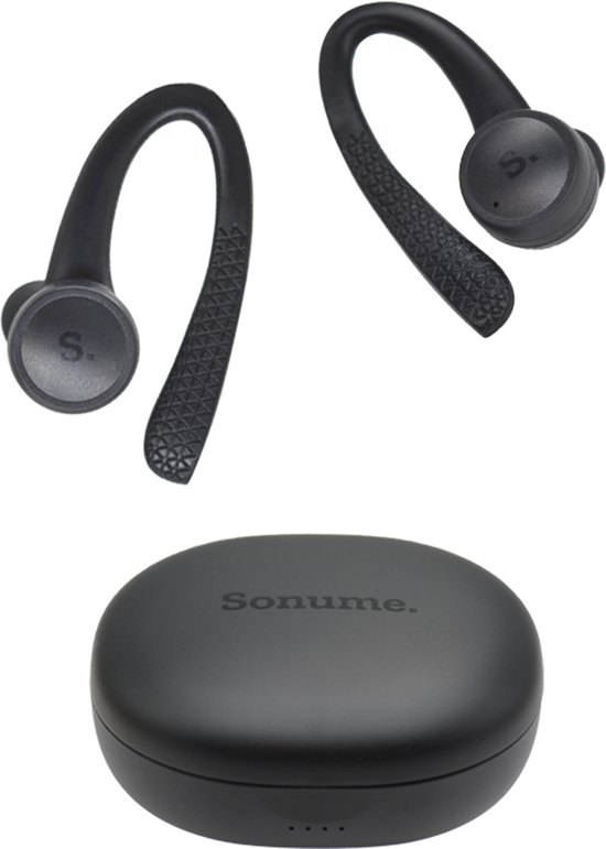 Sonume Sport - Volledig Draadloze Oordopjes - Met Siliconen Oorhaak - Waterproof - Bluetooth oordopjes voor Hardlopen, Fietsen en Fitness - Zwart