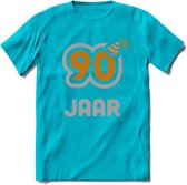 90 Jaar Feest T-Shirt | Goud - Zilver | Grappig Verjaardag Cadeau Shirt | Dames - Heren - Unisex | Tshirt Kleding Kado | - Blauw - L