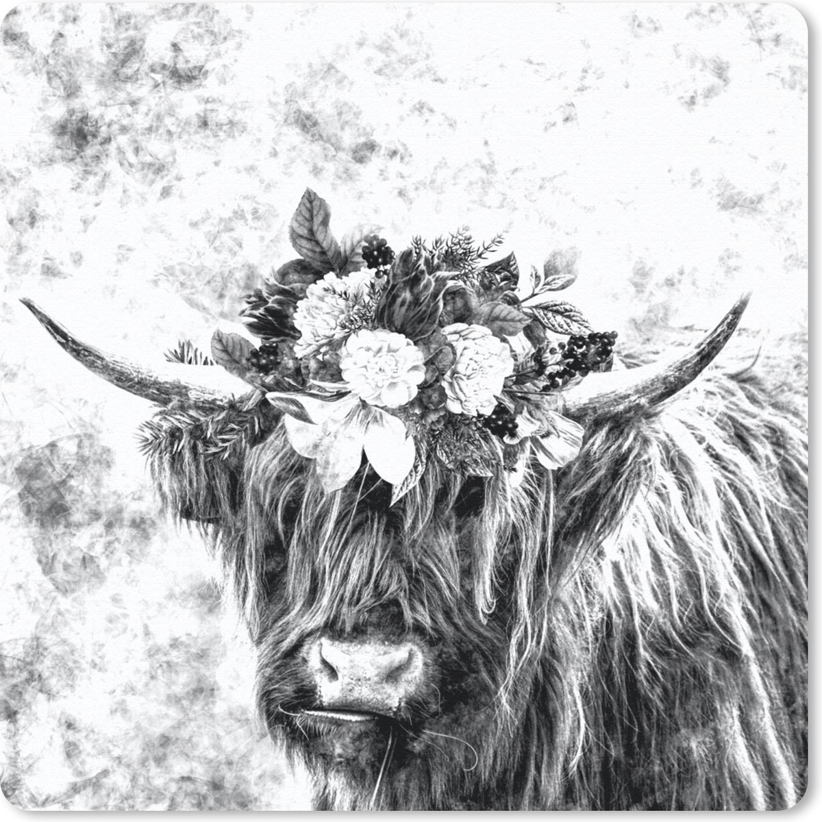 Muismat 20x20 cm - Mousepad Schotse hooglander - Bloemen - Zwart - Wit - Muismatten