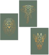 Poster - Set 3 posters - geometrische dieren – goudlook - 20x30 cm - giraf - leeuw - olifant