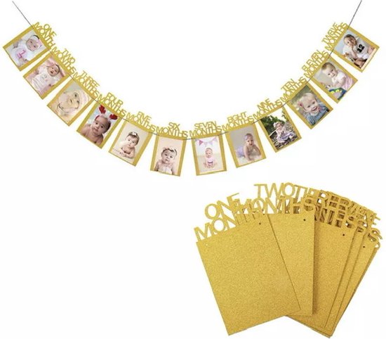 Eerste verjaardag foto slinger - goud glitter decoratie - 12 maanden - feestartikelen - party - versiering