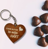 Houten Sleutelhanger Hartje 5cm Voor Altijd in mijn Hart- Sleutelhanger - kados - geschenk - cadeautje - cadeau - liefde