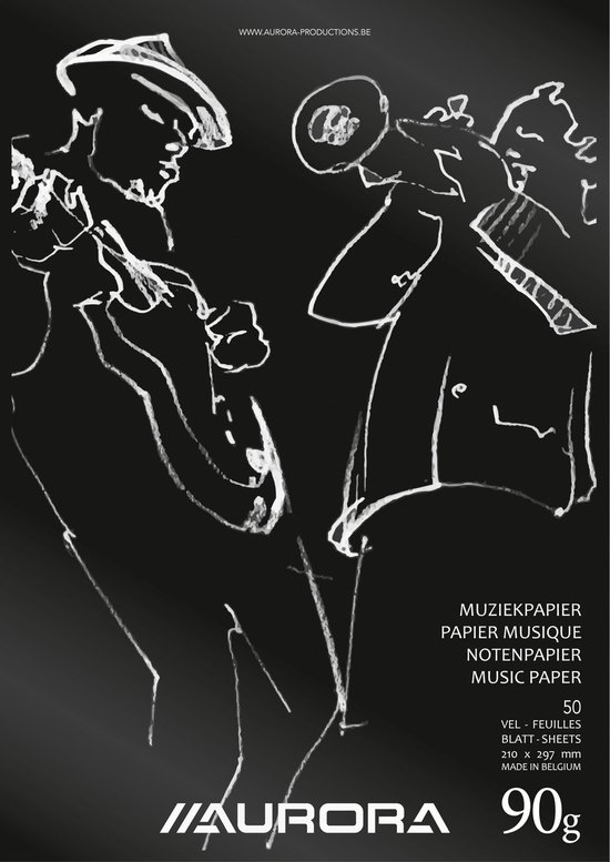 Wit krijt-schets van muzikanten met instrumenten op zwart papier. "MUZIEKPAPIER 50 VEL 210 x 297 mm MADE IN BELGIUM 90g AURORA"