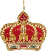 Kroon Ornament rood/goudkl. met parels 9,5x1x8,5cm