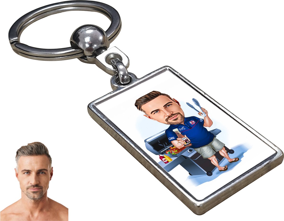 BBQ Karikatuur - Gepersonaliseerde Karikatuur Sleutelhanger met Jouw Foto - Cadeau - Verjaardag - Kerst - Kado - Valentijn - Vaderdag - Vaderdag cadeautje - Vaderdag cadeau voor papa - Gepersonaliseerd Cadeau