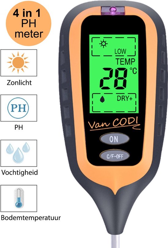 mist Snel T Van CODI® - PH meter 4 in 1 - Grondmeter - Temperatuurmeter - Lichtmeter -  Vochtmeter... | bol.com