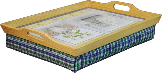 Houten schootdienblad met een blauw-groene ruitkussens en een afbeelding van peterselie in een laars en een gieter.
