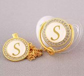 Letter fopspeen met clip - Letter S - 0 - 6 Maanden - Silica gel - Goud / Transparant - Luxe fopspenen met diamanten - Gepersonaliseerd fopspeen