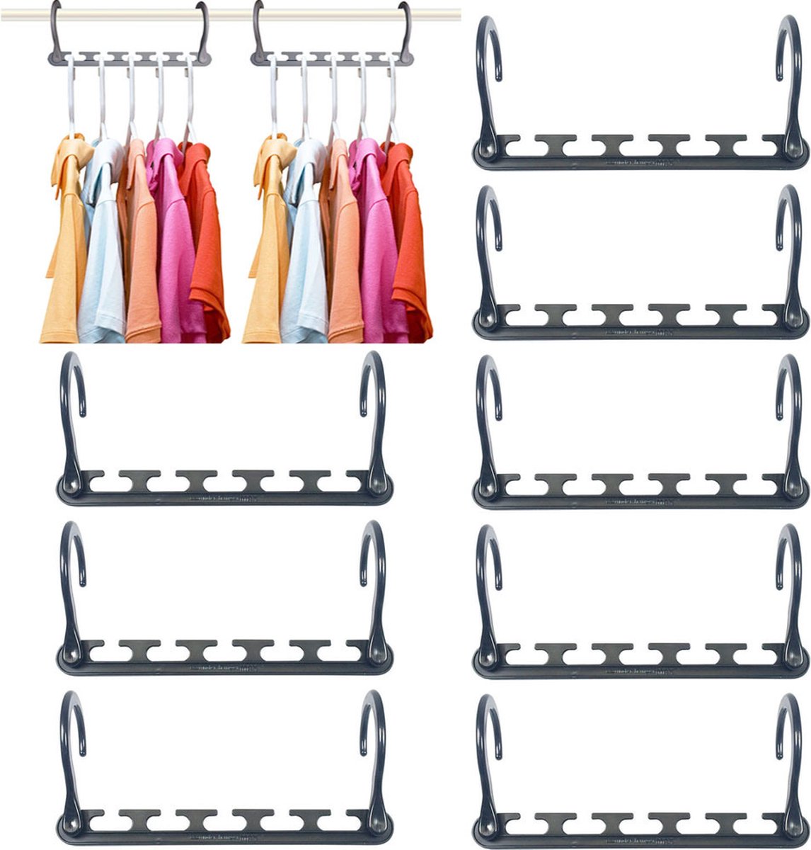 ruimtebesparende hanger hanger houder, 8 stuks, premium kwaliteit, ruimtebesparende hanger meerdere hangers, garderobe organizer, sterke hoogwaardige kunststof, grijs